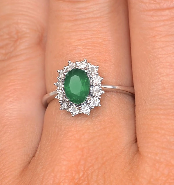 Emerald Ring With Lab Diamond Halo 7 x 5mm Set in 925 Silver